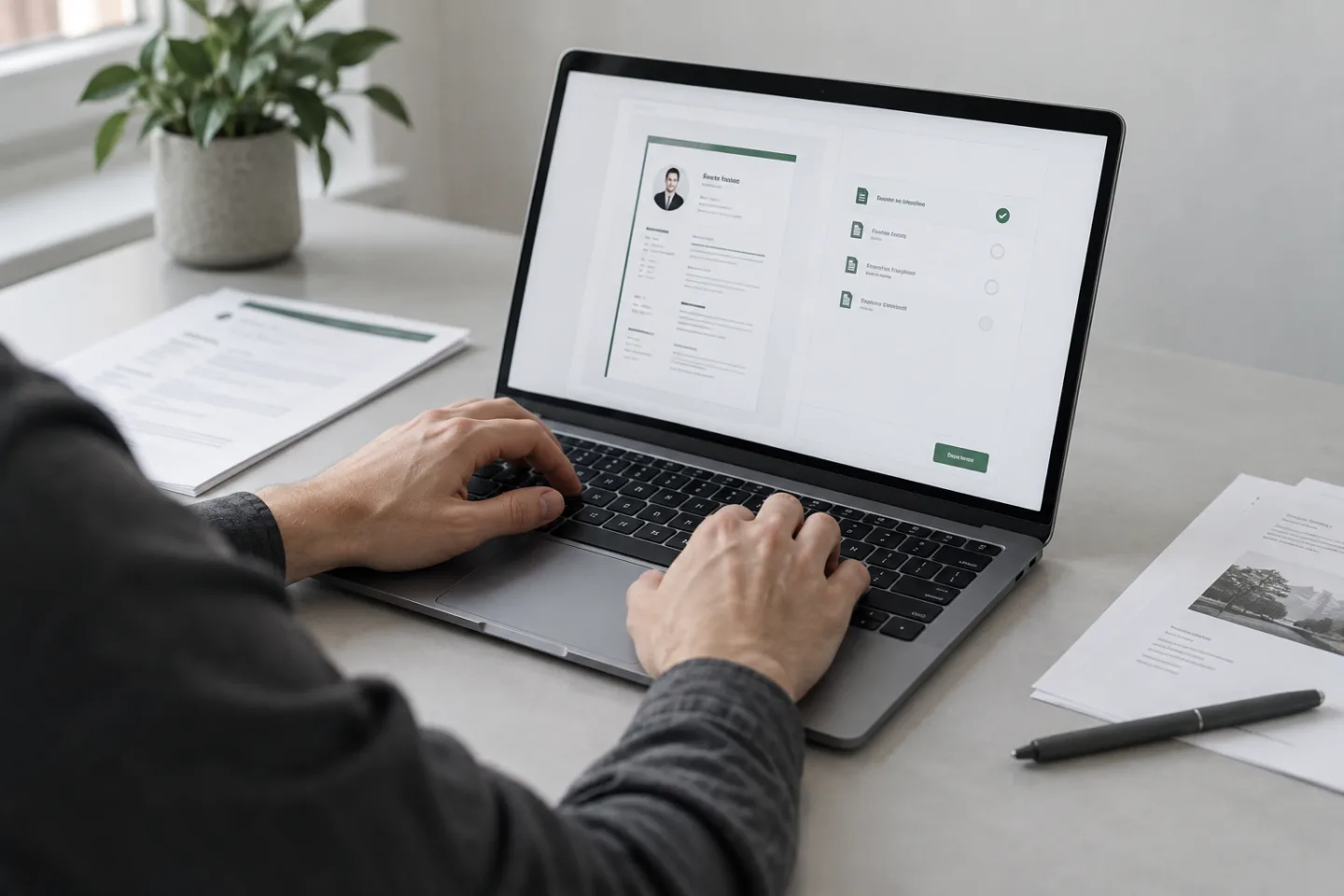 Bewerbungsunterlagen werden an einem Laptop für den digitalen Versand vorbereitet